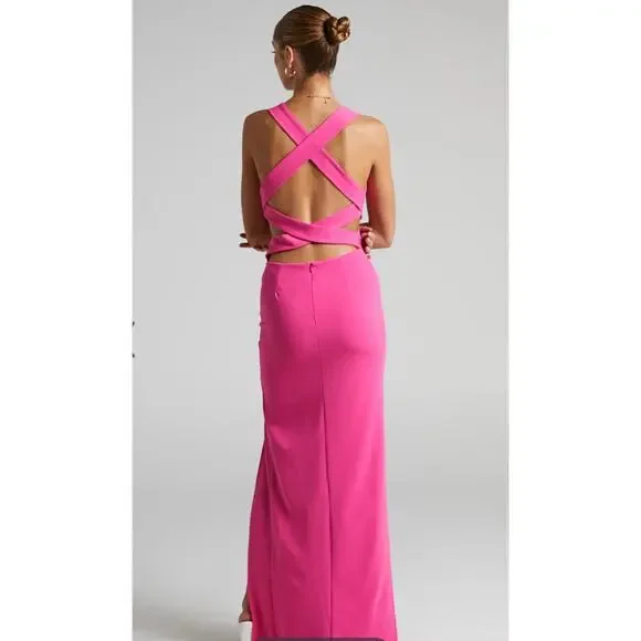 Showpo Anjie Pink Plunge V-Neck Maxi Formal Wedding Prom Dress Size 4 - Picture 3 of 10